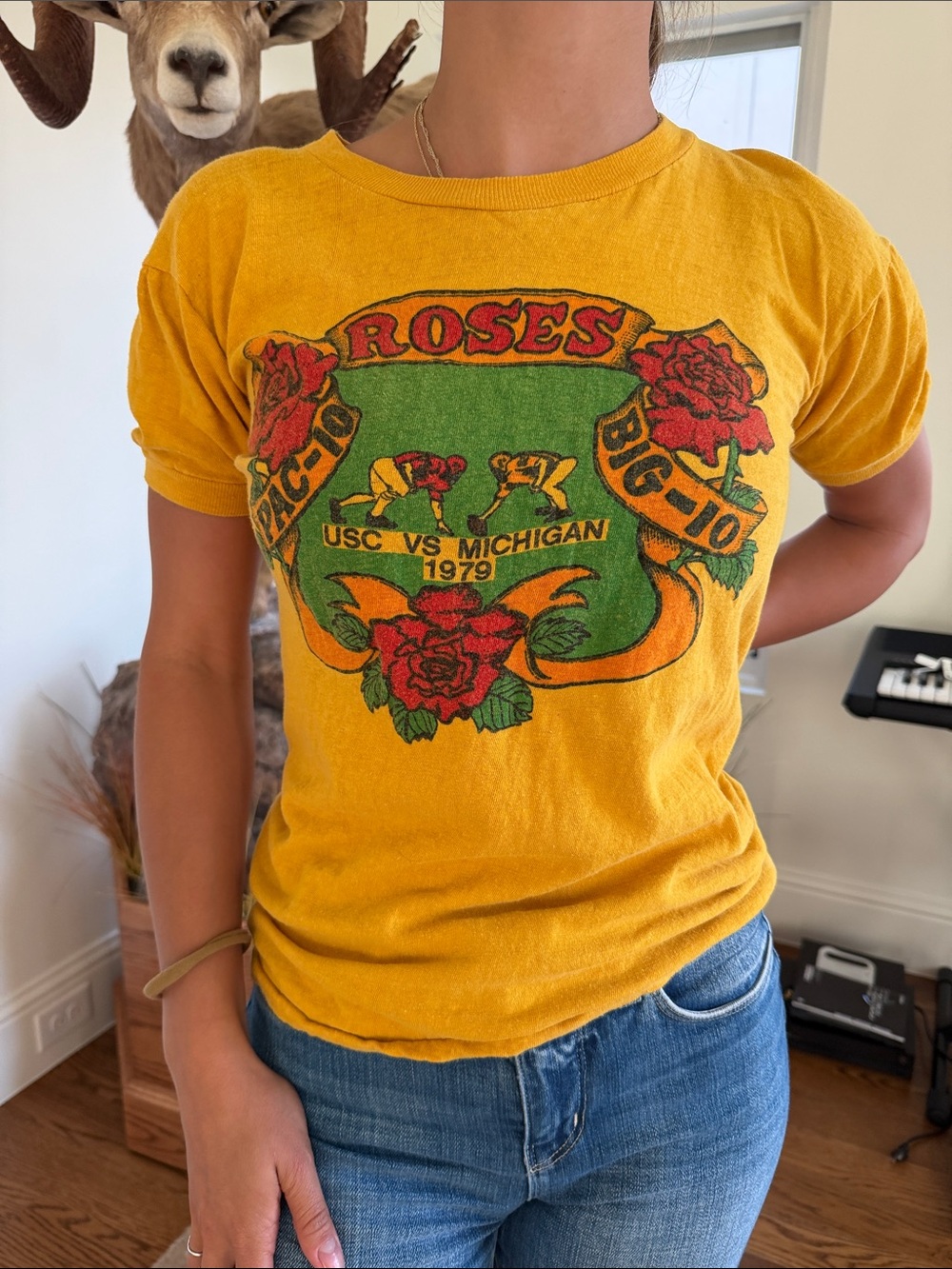 Vintage 1979 USC vs Michigan Rose Bowl Graphic Tee in Mustard Yellow
